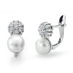 18K PENDIENTES ORO BLANCO PERLA-CIRCONITAS 12X6 MM