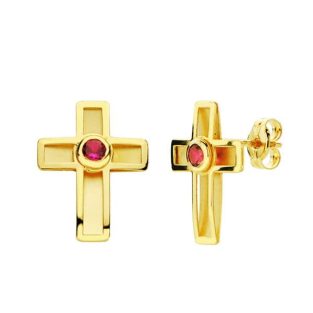 9K PENDIENTES ORO AMARILLO CRUZ CON PIEDRA ROJA 10X7 MM CIERRE PRESION
