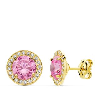 18K PENDIENTES PIEDRA ROSA CIRCONITAS 9 MM
