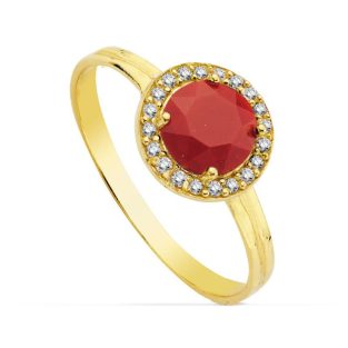 18K SORTIJA ORO AMARILLO MOTIVO REDONDO 9 MM CIRCONITA COLOR ROJO 6 MM