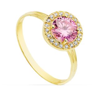 18K SORTIJA ORO AMARILLO MOTIVO REDONDO 9 MM CIRCONITA COLOR ROSA 6 MM