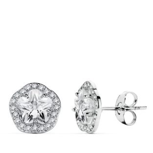 18K PENDIENTES ORO BLANCO FLOR Y CIRCONITAS 9 MM