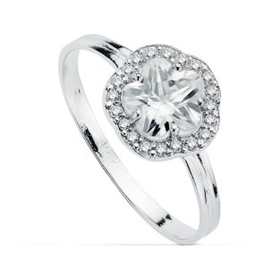 18K SORTIJA ORO BLANCO CON FLOR Y CIRCONITAS 9 MM