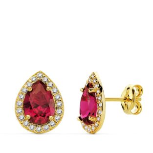 18K PENDIENTES PIEDRA ROJA CIRCONITAS 10X8 MM