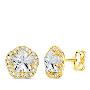 18K PENDIENTES ORO AMARILLO FLOR CIRCONITAS GARRAS 9X9 MM CIERRE PRESION