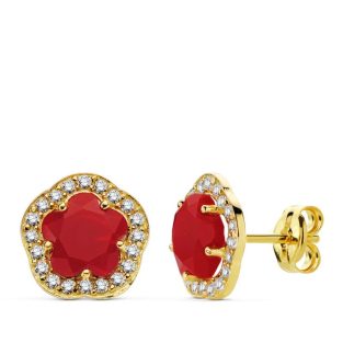 18K PENDIENTES FLOR PIEDRA ROJA 9X9 MM