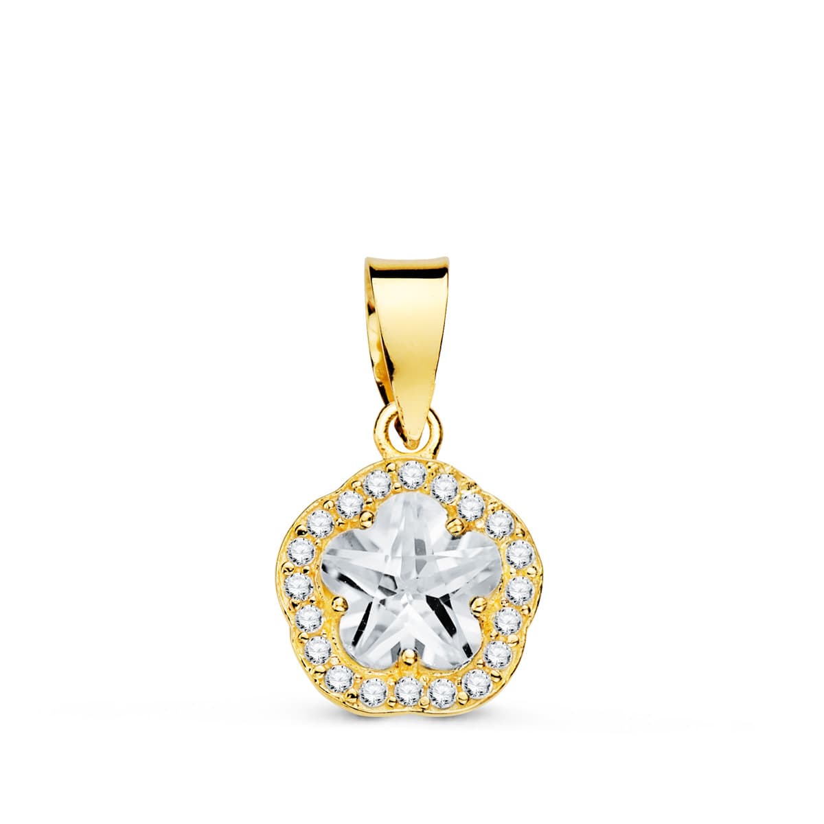 18K COLGANTE ORO AMARILLO FLOR CON CIRCONITAS 9X9 MM