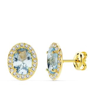 18K PENDIENTES ORO AMARILLO PIEDRA AZUL CLARO OVAL CIRCONITAS 10X8 MM
