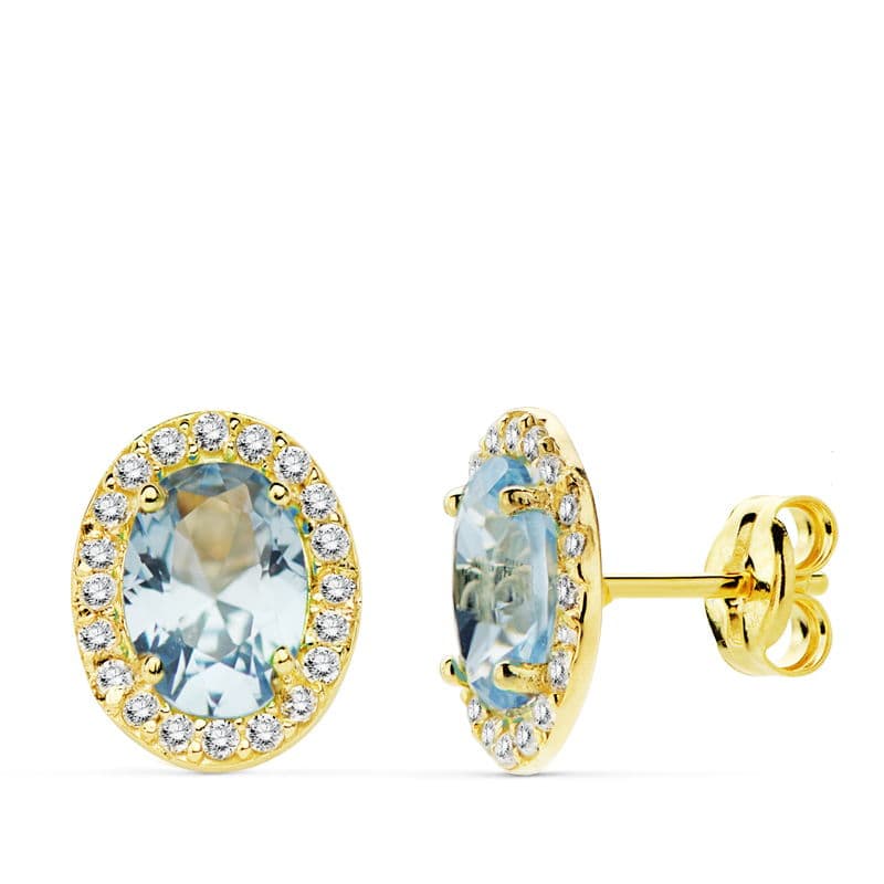 18K PENDIENTES ORO AMARILLO PIEDRA AZUL CLARO OVAL CIRCONITAS 10X8 MM