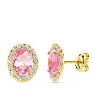 18K PENDIENTES ORO AMARILLO PIEDRA ROSA OVAL CIRCONITAS 10X8 MM