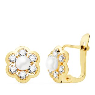 18K PENDIENTES ORO AMARILLO FLOR CON CIRCONITAS Y PERLA 8X8 MM CATALAN