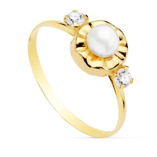 18K SORTIJA CIRCONITAS Y PERLA 4 MM