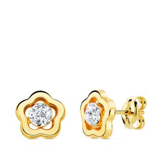 18K PENDIENTES ORO AMARILLO FLOR Y CIRCONITAS 8X8 MM PRESION