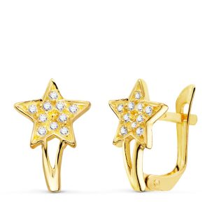 18K PENDIENTES ORO AMARILLO ESTRELLAS CON CIRCONITAS 12X8 MM CIERRE CATALAN
