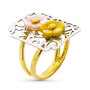 18K SORTIJA ORO BICOLOR RECTANGULAR CON FLORES Y MARIPOSA