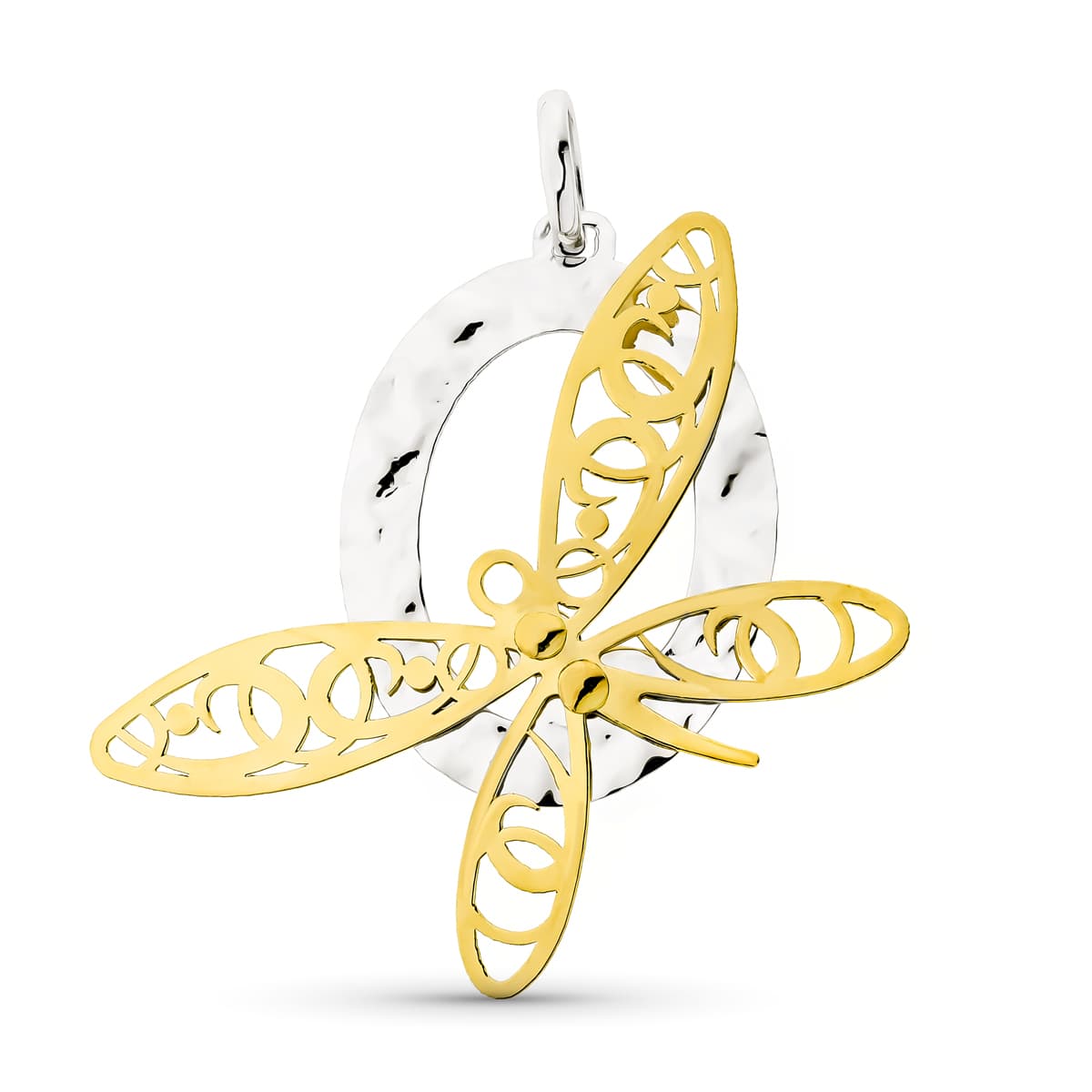 18K COLGANTE ORO BICOLOR OVAL CON LIBELULA Y OVAL