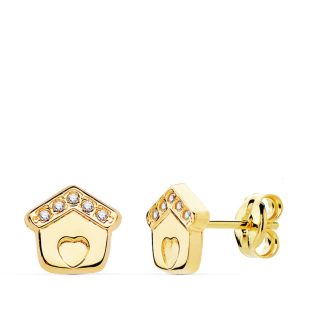 18K PENDIENTES CASITA CIRCONITAS 7X7 MM