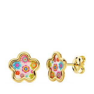 18K PENDIENTES FLOR NACAR COLORES. 8X8 MM