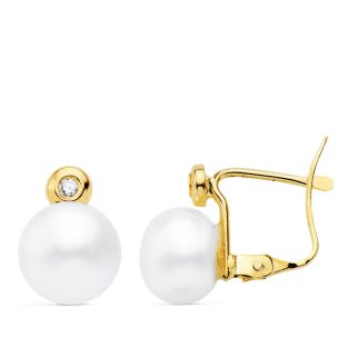 18K PENDIENTES PERLA Y CHATON. 10X7 MM CIERRE CATALAN