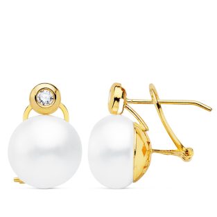 18K PENDIENTES PERLA Y CHATON. 16X11 MM CIERRE OMEGA