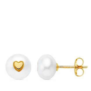 18K PENDIENTES ORO AMARILLO PERLA BOTON 7.5 MM Y CORAZON PRESION