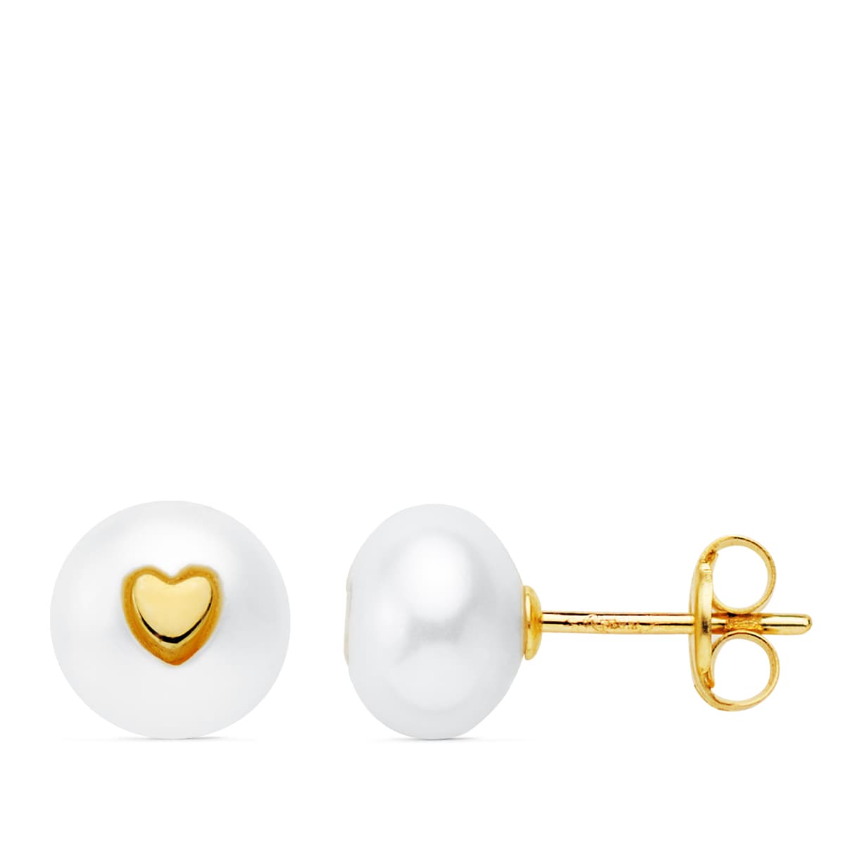 18K PENDIENTES ORO AMARILLO PERLA BOTON 7.5 MM Y CORAZON PRESION