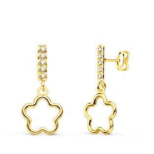 18K PENDIENTES ORO AMARILLO DOS CUERPOS COLGANTE FLOR Y CIRCONITAS 18X8 MM
