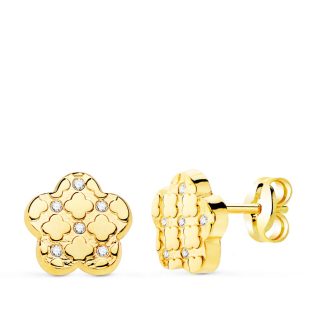 18K PENDIENTES ORO AMARILLO FLOR Y CIRCONITAS 7.5X7 MM CIERRE PRESION.