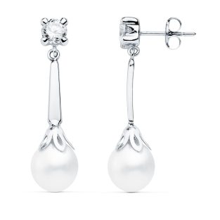 18K PENDIENTES ORO BLANCO PERLA Y CIRCONITAS 27X7 MM