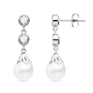 18K PENDIENTES ORO BLANCO PERLA Y CIRCONITAS 24X6 MM PRESION