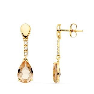 18K PENDIENTES ORO AMARILLO PIEDRA GOTA COLOR KUNCITA 28X7 MM