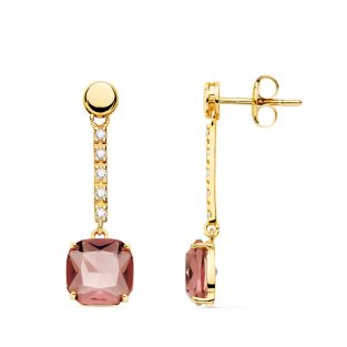 18K PENDIENTES ORO AMARILLO PIEDRA CUADRADA COLOR KUNCITA 28X8 MM