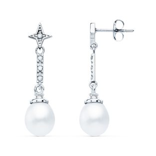 18K PENDIENTES ORO BLANCO PERLA Y CIRCONITAS 28X8 MM