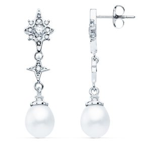 18K PENDIENTES LARGOS ORO BLANCO PERLA Y CIRCONITAS 35X8 MM