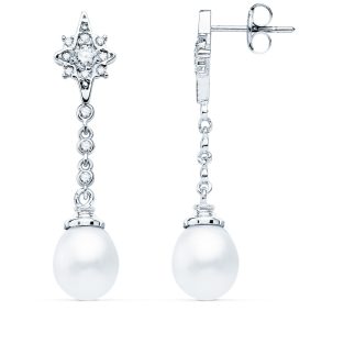 18K PENDIENTES LARGOS ORO BLANCO PERLA Y CIRCONITAS 37X7 MM