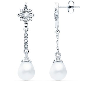 18K PENDIENTES LARGOS ORO BLANCO PERLA Y CIRCONITAS 36X8 MM