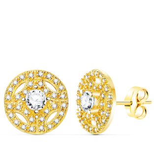 18K PENDIENTES ORO AMARILLO REDONDOS CON CIRCONITAS 12 MM CIERRE PRESION.