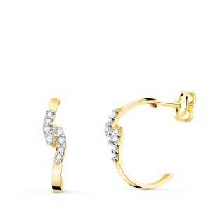 18K PENDIENTES ORO BICOLOR MEDIA ARO CUADRADO CON CIRCONITAS 15X3 MM PRESION