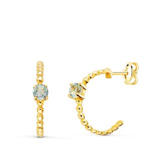 18K PENDIENTES ORO AMARILLO MEDIO ARO BOLITAS CON AGUAMARINA 13X3MM PRESION