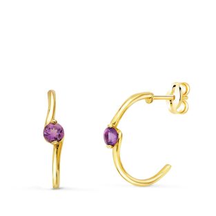 18K PENDIENTES ORO AMARILLO MEDIO ARO LISO CON AMATISTA 15X3 MM PRESION.