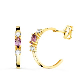 18K PENDIENTES ORO AMARILLO MEDIO ARO AMATISTA TALLA MARQUISE. 15X2 MM PRESION