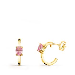 18K PENDIENTES ORO AMARILLO MEDIO ARO LISO CON CIRCONITA ROSA 12X3 MM PRESION.
