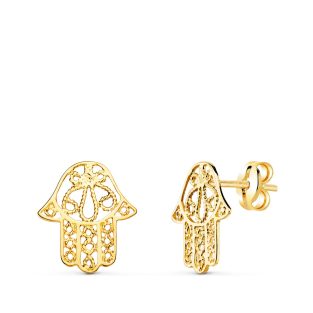 18K PENDIENTES ORO AMARILLO MANO DE FATIMA CALADA PRESION 12 X 11 MM