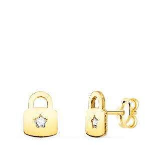 18K PENDIENTES ORO AMARILLO CANDADO CON CIRCONITA CIERRE PRESION 8 X 6 MM