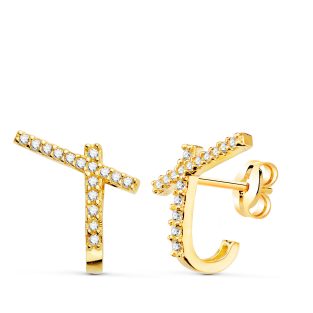 18K PENDIENTES ORO AMARILLO BANDAS CON CIRCONITAS 14 X 12MM PRESION