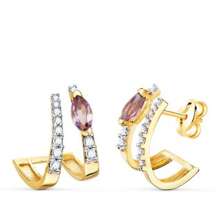 18K PENDIENTES ORO BICOLOR MARQUIS AMATISTA NATURAL 6X3 MM Y CIRCONITAS TOTAL 16X13 MM CIERRE PRESION