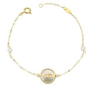 18K PULSERA NACAR CON OJO TURCO 12 MM Y BOLAS JADE 4 MM CADENA 18 + 2.5 CM