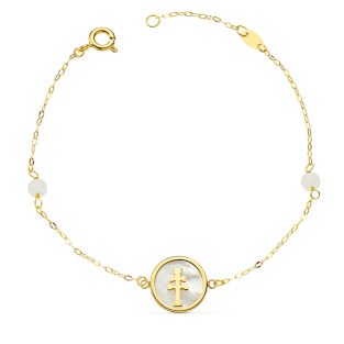 PULSERA NACAR CON CRUZ CARAVACA 12 MM Y BOLAS JADE 4 MM CADENA 18 + 2.5 CM