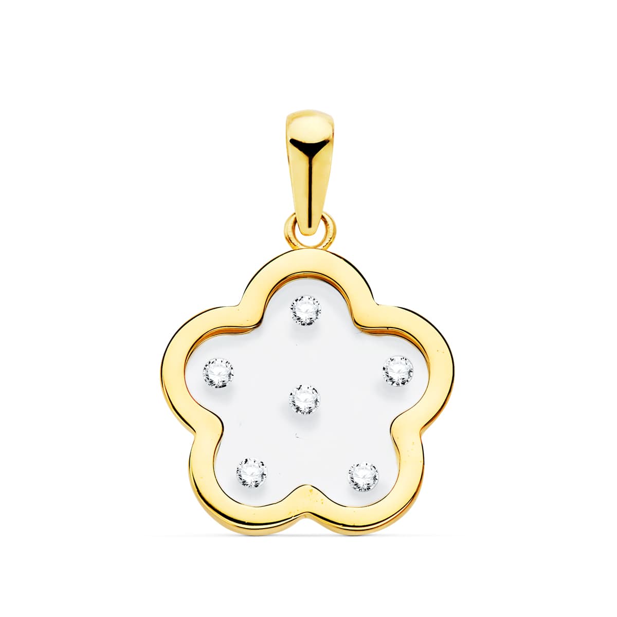 18K COLGANTE ORO AMARILLO FLOR AIRSHINE TRANSPARENTE CON CIRCONITAS 14X14 MM