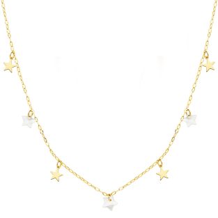 18K GARGANTILLA ORO AMARILLO ESTRELLAS LISAS Y NACAR 5.5 MM CADENA FORZADA 45 CM
